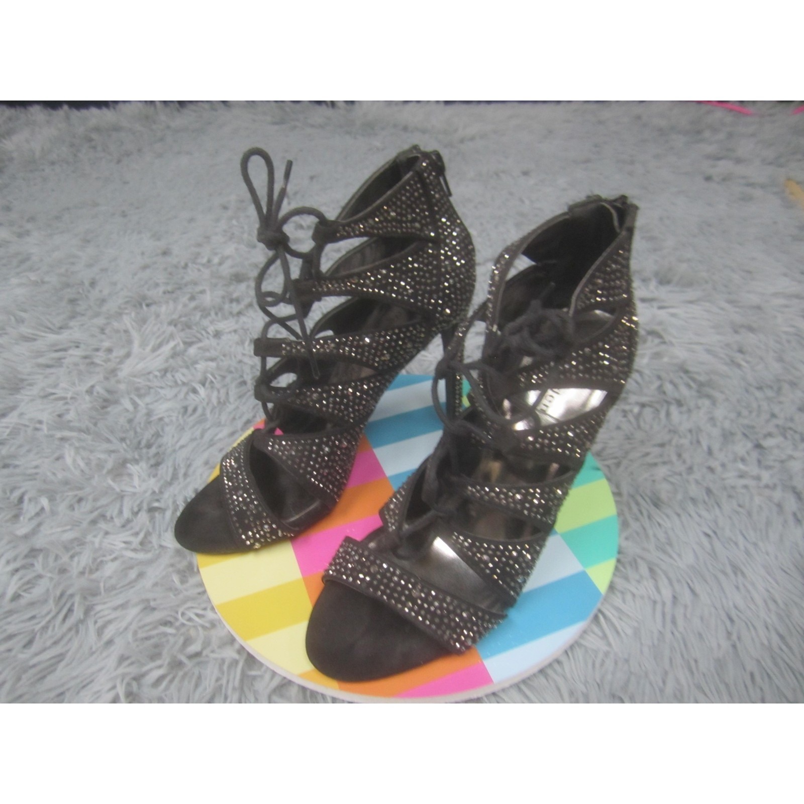 Madden Girl Shoes Womens Size 7 Black Rhinestone Strappy Heel Sandals Dacey-R